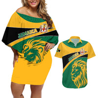 Personalised Jamaica Couples Matching Off Shoulder Short Dress and Hawaiian Shirt Jumieka Lion Mix African Pattern - Wonder Print Shop