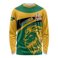 Unisex long sleeve shirt in green and gold with Jamaica lion crest front print