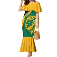 Off-shoulder mermaid dress with yellow ruffle sleeves, green lion graphic front