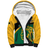 Sherpa-lined zip hoodie, yellow with green/black lion print and white fleece hood