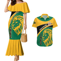 Green mermaid dress with yellow ruffled off-shoulder, lion 1962 print, matching shirt.