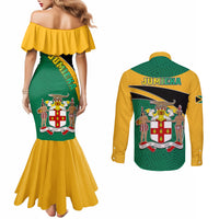 Mermaid dress and button shirt set, back view with green-yellow crest and lion artwork