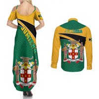 Matching maxi dress and long-sleeve button shirt set, back view with green/yellow crest print