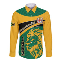 Long-sleeve button shirt with green and yellow panels, Independence Day lion front print
