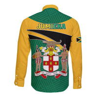 Long-sleeve button shirt, back JUMIEKA text and crest with green patterned panel