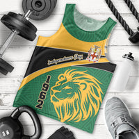 Green men’s tank top with lion graphic, Jamaica text, crest, and yellow trim.
