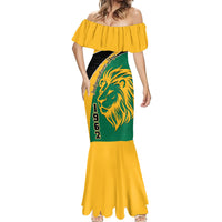 Women’s off-shoulder mermaid dress with ruffle neckline, green panel with lion portrait
