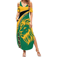 Green and yellow off-shoulder maxi dress with lion graphic and side slit