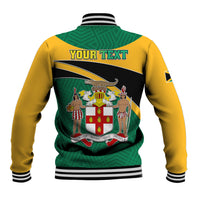 Green and yellow baseball jacket back with crest and 'YOUR TEXT' design, striped ribbed cuffs.