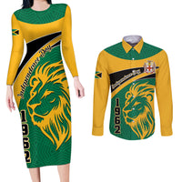 Personalised Jamaica Independence Day Couples Matching Long Sleeve Bodycon Dress and Long Sleeve Button Shirts Jumieka Lion Mix African Pattern - Wonder Print Shop