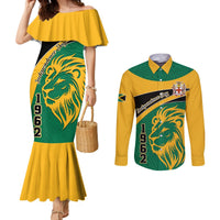 Matching couples mermaid dress and long-sleeve button shirt, green lion print, yellow ruffle hem