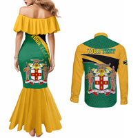 Couples mermaid dress with off-shoulder ruffle and green back crest on matching yellow button shirt