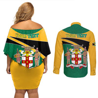 Personalised Jamaica Independence Day Couples Matching Off Shoulder Short Dress and Long Sleeve Button Shirts Jumieka Lion Mix African Pattern - Wonder Print Shop