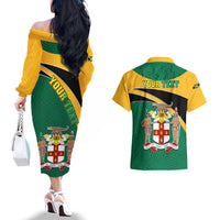 Personalised Jamaica Independence Day Couples Matching Off The Shoulder Long Sleeve Dress and Hawaiian Shirt Jumieka Lion Mix African Pattern - Wonder Print Shop