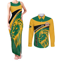 Personalised Jamaica Independence Day Couples Matching Tank Maxi Dress and Long Sleeve Button Shirts Jumieka Lion Mix African Pattern - Wonder Print Shop
