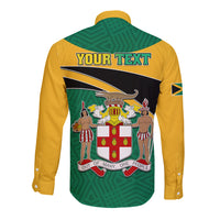 Back of green and yellow long-sleeve button shirt with crest and 'YOUR TEXT' header