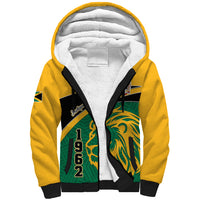 Yellow sherpa-lined zip hoodie with lion graphic panel and patterned sleeves
