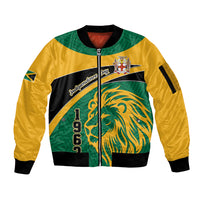 Green and yellow unisex zip bomber jacket with bold Independence front graphic and lion