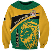 Green and yellow sweatshirt with lion graphic, Independence Day text, and 1962 print