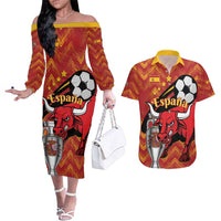 Spain 2024 Football Champions Couples Matching Off The Shoulder Long Sleeve Dress and Hawaiian Shirt Espana La Roja - Wonder Print Shop