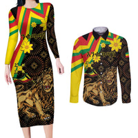 Enkutatash Ethiopia New Year Couples Matching Long Sleeve Bodycon Dress and Long Sleeve Button Shirt Lion of Judah Adey Abeba Flower - Wonder Print Shop