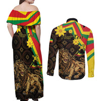 Enkutatash Ethiopia New Year Couples Matching Off Shoulder Maxi Dress and Long Sleeve Button Shirt Lion of Judah Adey Abeba Flower - Wonder Print Shop