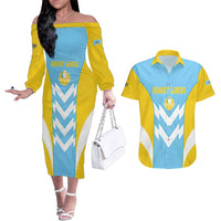 Custom Rugby Saint Lucia Couples Matching Off The Shoulder Long Sleeve Dress and Hawaiian Shirt The Lucian Go Champion - Wonder Print Shop