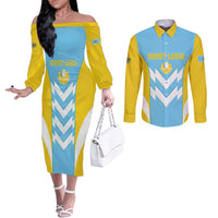Custom Rugby Saint Lucia Couples Matching Off The Shoulder Long Sleeve Dress and Long Sleeve Button Shirt The Lucian Go Champion - Wonder Print Shop