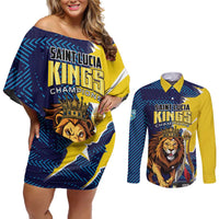 Custom Kings Saint Lucia Champions Cricket Couples Matching Off Shoulder Short Dress and Long Sleeve Button Shirt St Lucia Glory Awaits - Wonder Print Shop
