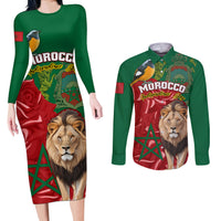 Morocco Independence Day Couples Matching Long Sleeve Bodycon Dress and Long Sleeve Button Shirts Barbary Lion With Moussier Redstart - Wonder Print Shop