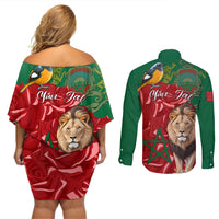 Morocco Independence Day Couples Matching Off Shoulder Short Dress and Long Sleeve Button Shirts Barbary Lion With Moussier Redstart - Wonder Print Shop