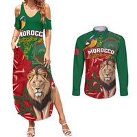 Morocco Independence Day Couples Matching Summer Maxi Dress and Long Sleeve Button Shirts Barbary Lion With Moussier Redstart - Wonder Print Shop
