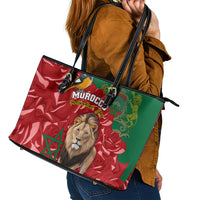 Morocco Independence Day Leather Tote Bag Barbary Lion With Moussier Redstart - Wonder Print Shop