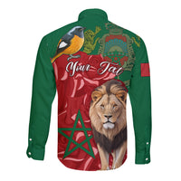 Morocco Independence Day Long Sleeve Button Shirt Barbary Lion With Moussier Redstart - Wonder Print Shop