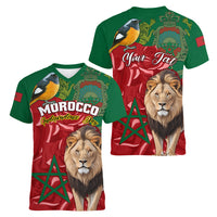 Morocco Independence Day Women V Neck T Shirt Barbary Lion With Moussier Redstart - Wonder Print Shop