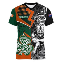 New Zealand and Ireland Rugby Women V Neck T Shirt Silver Fern With Shamrock 2023 World Cup - Wonder Print Shop