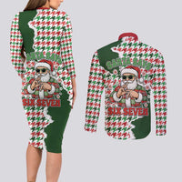 Funny Santa Claus Says Six Seven Couples Matching Long Sleeve Bodycon Dress and Long Sleeve Button Shirt Christmas Houndstooth Pattern - Wonder Print Shop