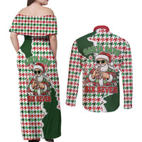 Funny Santa Claus Says Six Seven Couples Matching Off Shoulder Maxi Dress and Long Sleeve Button Shirt Christmas Houndstooth Pattern - Wonder Print Shop
