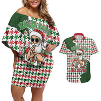 Funny Santa Claus Says Six Seven Couples Matching Off Shoulder Short Dress and Hawaiian Shirt Christmas Houndstooth Pattern - Wonder Print Shop