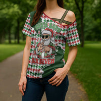 Funny Santa Claus Says Six Seven Cross Shoulder Shirt Christmas Houndstooth Pattern - Wonder Print Shop