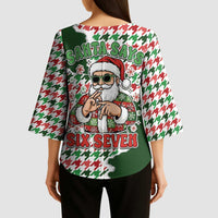 Funny Santa Claus Says Six Seven Kimono Sleeve Blouse Christmas Houndstooth Pattern - Wonder Print Shop