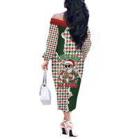 Funny Santa Claus Says Six Seven Off The Shoulder Long Sleeve Dress Christmas Houndstooth Pattern - Wonder Print Shop