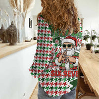 Funny Santa Claus Says Six Seven Women Casual Shirt Christmas Houndstooth Pattern - Wonder Print Shop