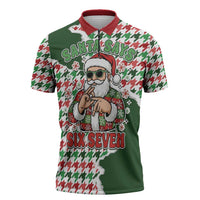 Funny Santa Claus Says Six Seven Zipper Polo Shirt Christmas Houndstooth Pattern - Wonder Print Shop