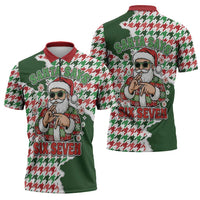 Funny Santa Claus Says Six Seven Zipper Polo Shirt Christmas Houndstooth Pattern - Wonder Print Shop