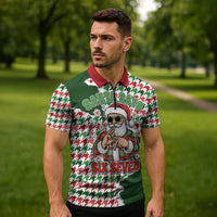 Funny Santa Claus Says Six Seven Zipper Polo Shirt Christmas Houndstooth Pattern - Wonder Print Shop