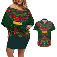 Cinco de Mayo 2024 Couples Matching Off Shoulder Short Dress and Hawaiian Shirt Mexican Folk Pattern - Wonder Print Shop
