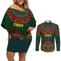 Cinco de Mayo 2024 Couples Matching Off Shoulder Short Dress and Long Sleeve Button Shirt Mexican Folk Pattern - Wonder Print Shop