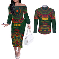 Cinco de Mayo 2024 Couples Matching Off The Shoulder Long Sleeve Dress and Long Sleeve Button Shirt Mexican Folk Pattern