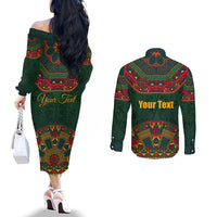 Cinco de Mayo 2024 Couples Matching Off The Shoulder Long Sleeve Dress and Long Sleeve Button Shirt Mexican Folk Pattern
